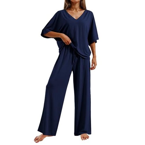 Ekouaer Pajama Sets for Women 2 Piece Lounge Set Short Sleeve Tops and Long Pants Soft Comfy Pjs Sleepwear Outfits S-XXL