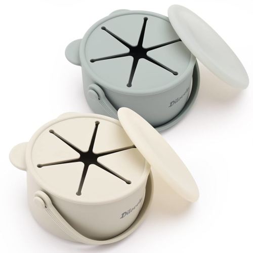 Dilovely Baby Snack Cup No Spill, Silicone Toddler Snack Container with Lid, Snack Catcher Spill Proof, Baby Travel Essentials, 2 Pack Dishwasher Safe and BPA Free 9 Oz, Dark Green/Light Green