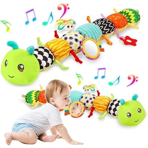 Baby Sensory Toys for 0-6 6-12 Months, Musical Stuffed Caterpillar Toy with Crinkle Rattle Mirror, Baby Essentials Infant Tummy Time Toys for 3 6 9 12 18 Months, Newborn Boys Girls Shower Gifts