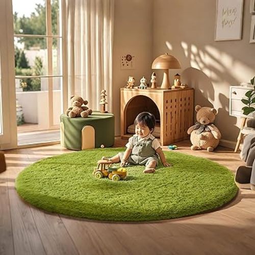 Ophanie Round Rug 6Ft Green Circle Area Rug, Green Room Decor, Fluffy Fuzzy Bedroom Carpet, Plush Soft Shaggy Living Room Rugs for Kids Home Decor Aesthetic, Nursery