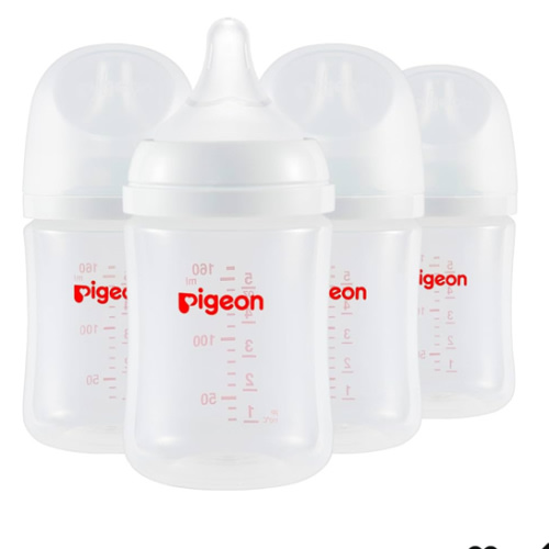 Pigeon PP Nursing Bottle Wide Neck, Anti-Colic, Streamlined Body, Natural Feel, Easy to Clean, 5.4 Oz (Pack of 4), Includes 4pcs SS Nipples (0m+)