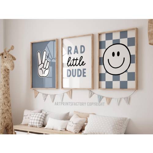 Rad Little Dude Smiley Lightning Gallery Wall Set of 3 boys Prints, blue prints,Boy Nursery Decor, Kids Room, Play Wall Art, Printable kids