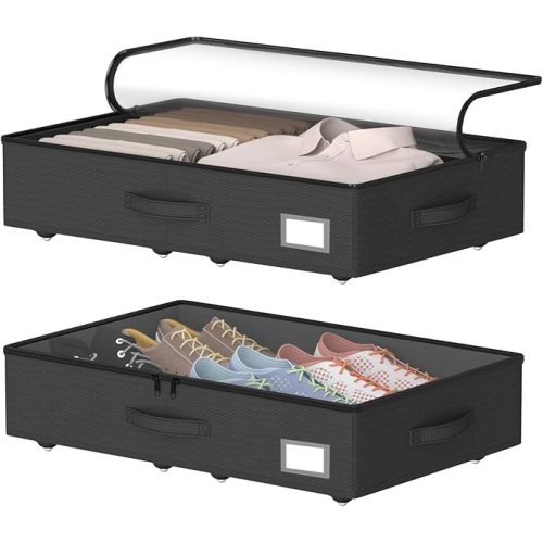 Underbed Storage With Wheels, No Assembly Required - 5.5 Inch Height Black Underbed Bins, Low Profile Rolling Shoe Storage Containers for Dorm
