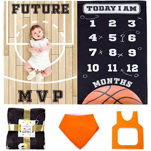 SUKOON Monthly Milestone Blanket for Baby Boy/Girl | Basketball Theme | includes Frame and Bib | Large | 47"x40" | Personalized Baby Month Blanket for Newborn Baby Shower