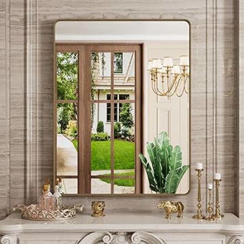 Brushed Bronze Bathroom Mirror, 28 x 36 Inch Modern Wall Mounted Vanity Mirror for Bathroom, Rectangular Metal Framed Farmhouse Mirror, Rounded Corner,Tempered Glass