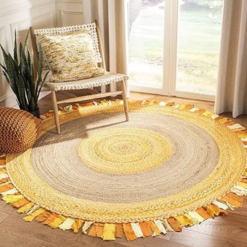 SAFAVIEH Cape Cod Collection 3' Round Gold / Natural CAP701D Handmade Boho Fringe Jute & Cotton Area Rug