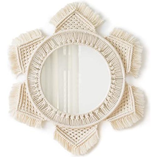 Mkono Boho Wall Mirror Decor Round Macrame Hanging Wall Art Decoration for Bedroom Nursery Living Room Apartment Office Entryways Home, Teen Girl Mothers Gift, Ivory