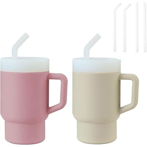 PandaEar 2 Pack Kids Tumbler Silicone Toddler Cup with Straw and Handle, 9.5oz Spill-Proof Training Cup for Baby, BPA-Free, Easy to Clean -Grey/Pink