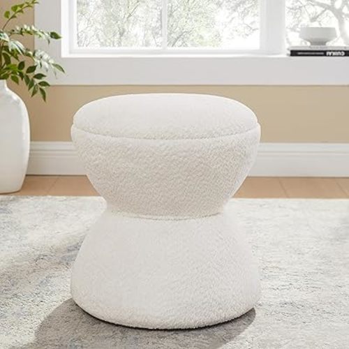 Multi-Functional Boucle Ottoman, Vanity Stool Chair, Sturdy Wooden Footstool, Suitable for Living Room, Bedroom, and Entryway, Without Installation, White