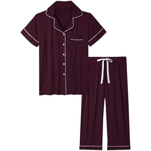 Joyaria Women Capri Pajamas Set Bamboo Viscose Pjs Short Sleeve Button Down Sleepwear