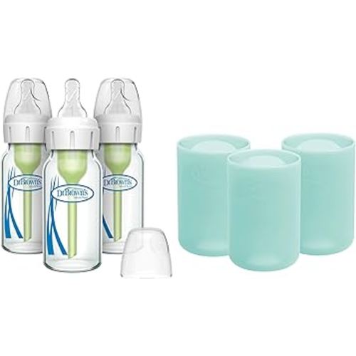 Dr. Brown's Anti-Colic Options+ Narrow Glass Baby Bottles 4 oz/120 mL, with Level 1 Slow Flow Nipple, 3 Pack 0m+ with Mint 100% Silicone Sleeves, BPA-Free
