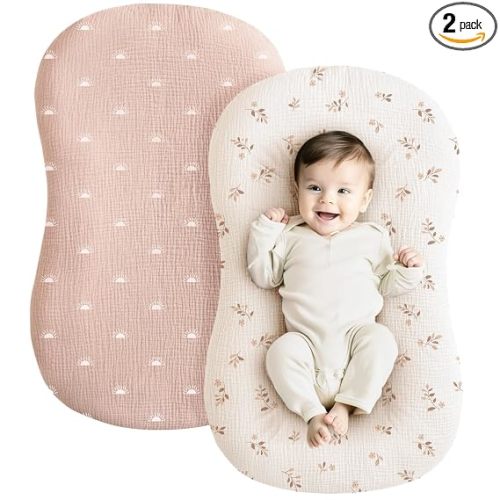 Konssy 2 Pack Muslin Baby Lounger Covers, Covers Only, 30.7" x 20" | 100% Cotton, Soft & Breathable, Baby Nest Slipcover, Envelope Closure, Pre-Washed for Lasting Fit (Pink Sun,Khaki Leaf)