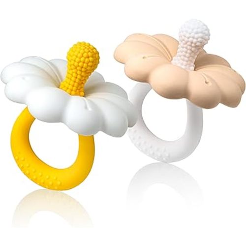 2 Packs Baby Teething Toys for 0-6 6-12 Month, 100% Food Grade Silicone Teether Ring, Flower Baby Chew Toy, BPA Free (Yellow & Caramel)