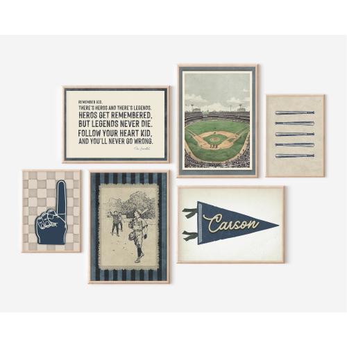 Baseball Art Boys Room Set of 6 Gallery Wall Baseball Quote Wall Art Custom Name Pennant Flag Printable Sports Nursery Boho Boys Room Decor