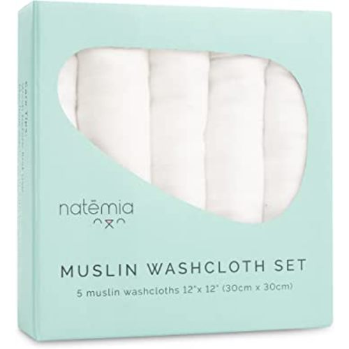 Natemia Muslin Baby Washcloths for Newborn - Premium Wash Cloths for Babies, Super Absorbent and Ultra Soft Rayon Made from Bamboo, 6 Layer Baby Girl and Baby Boy Washcloths, 5 Piece Set