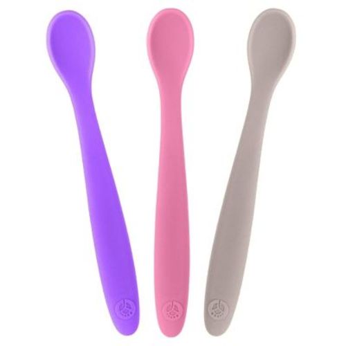 WeeSprout Silicone Baby Spoons, First Stage Infant Feeding Utensils With Soft-Tip - Set of 3 (Bright Pink, Purple, Grey)