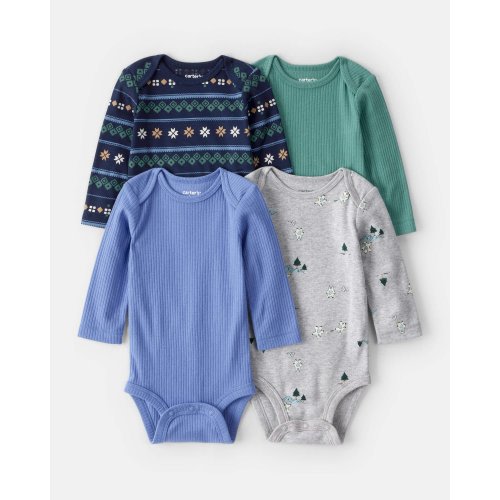 Baby Boy 4-Pack Fair Isle Long-Sleeve Multipack Bodysuits - Blue/Navy/Green | Carter's