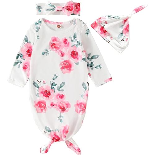 Kislio Newborn Baby Girls Boy Knotted Gown Floral Nightgown Sleeper Gown Swaddle Headband Hat Coming Home Outfit Set - Floral-7 - 0-6 Months