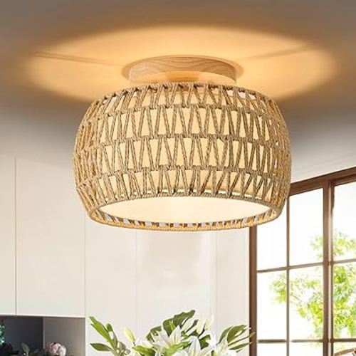 Boho Rattan Flush Mount Ceiling Lights 12 Inch Farmhouse Ceiling Light Fixtures Rustic Wicker Hand Woven Rope Cage for Dining Room Kitchen Bedroom Foyer Hallway Entryway