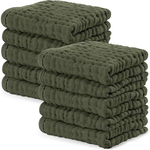 Comfy Cubs Muslin Baby Washcloths 10 Pack - Soft 6-Layer Cotton Wash Cloths for Sensitive Skin - 10"x10" Large, Gentle, Absorbent Infant Essentials for Newborn and Toddlers - Kelp