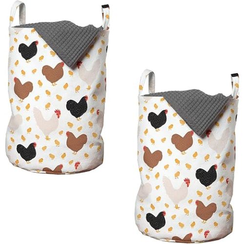 Ambesonne Hen and Chicks Laundry Bag Pack of 2, Farm Themed Continuous Pattern with Cartoon Domestic Birds and, Hamper Basket with Handles Drawstring Closure, 13" x 19", Black Brown