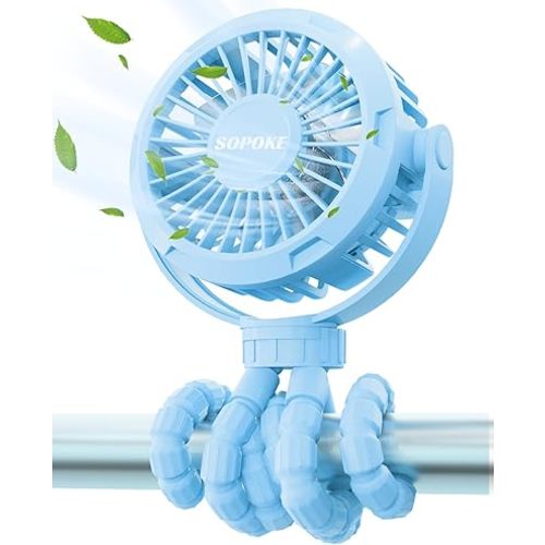 Mini Portable Baby Stroller Fan,3 Speed Personal Handheld Fan,Battery Operated Rechargeable 360° Flexible Tripod Cooling Fan, Suitable for Car Seat Crib Treadmill Golf Cart Travel(Blue)
