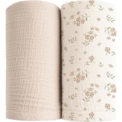 Konssy 2 Pack Muslin Swaddle Blankets, 100% Cotton Receiving Blanket (Blossom, Cream)