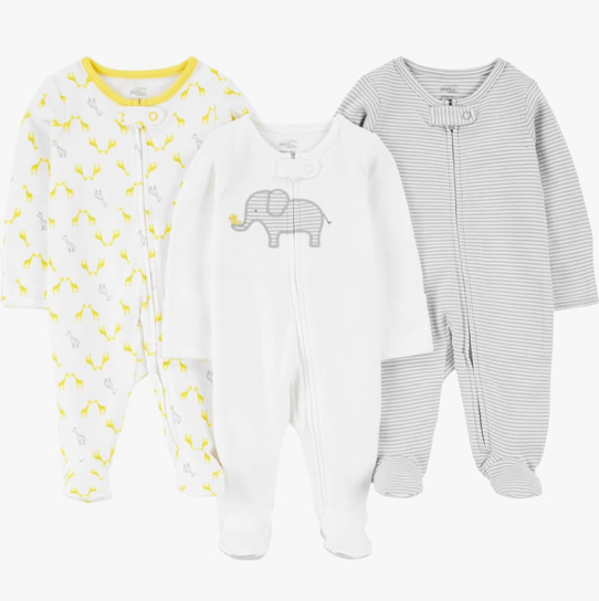 Simple Joys by Carter's Baby 3-Pack Neutral Sleep and Play 6-9mo Light Grey Mini Stripe/White Elephant/Giraffe