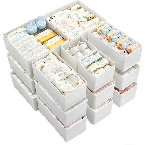 Vtopmart 18 Pack Baby Clothes Organizer, Dresser Drawer Organizer for Baby Clothing, Foldable Fabric Closet Drawer Storage Bins, Dresser Dividers for Bra, Socks, Ties, Scarf, White