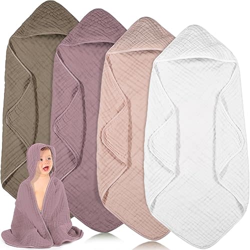 Peryiter 4 Pcs Muslin Hooded Baby Towels,32"x 32" Cotton Newborn Bath Towel Muslin Infant Baby Towels Absorbent Unisex Hooded Blankets,Newborn Registry Baby Gift for Girls Boys (Coffee)