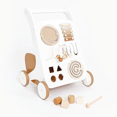 GATHRE Baby Activity Walker | Wooden Push Baby Walker with Wheels | Busy Board and Toys Included | Great for Ages 12+ Months | Easily Wipeable | Modern Beige Aesthetic | 20in x 13in x 12.5in
