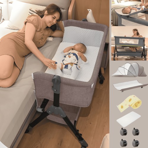 Baby Bassinet,Portable Baby Bedside Sleeper,4 in 1 Rocking Crip with Changing Table,Mosquito Net for 0-24Months,Khaki