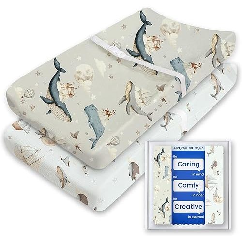 Premium Soft Boho Changing Pad Covers for Girls & Boys - Stretchy Jersey Sheets - Fits Standard Changing Tables - 2 Pack (Whale Dreams)