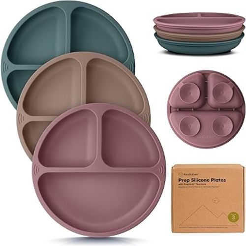 KeaBabies Suction Plates for Baby, Toddler - 3-Pack 100% Silicone Toddler Plates, Divided Baby Plates with Suction, Silicone Plates for Baby, Kids, BPA-Free, Microwave, Dishwasher Safe (Rocky)