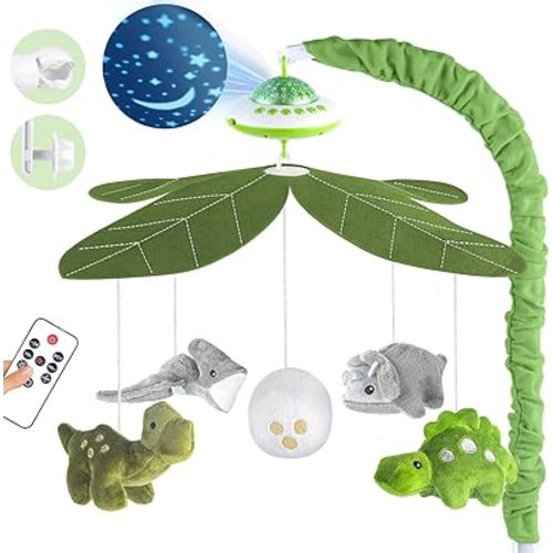 VZO Baby Crib Mobile with Music and Lights, Nursery Baby Mobile for Crib Bassinet with Remote Control, Rotation, Starlight Projection, Crib Toys for Babies Boys Girls Dinosaur