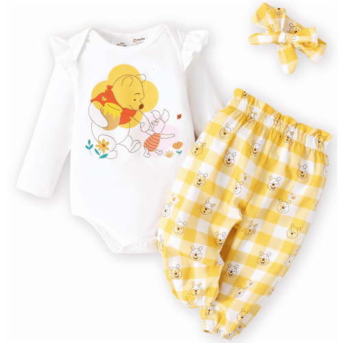 Disney Baby Clothes 3pcs Winnie the Pooh Graphic Romper Bodysuit Pants Outfit Set with Headband Shower Gifts Newborn Infant