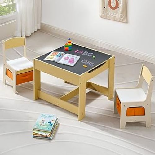 Kids Table and Chairs Set, 4 in 1 Wooden Kids Table with Reversible Tabletop, Children Activity Table with Removable Tabletop Storage, Toddler Table and Chair Set for Home, Nursery, Playroom