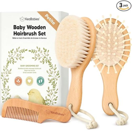 Wooden Baby Hair Brush Set for Newborns, Toddler Comb (Walnut, Petite) | Soft Goat Bristle, Baby Brush and Comb Set, Infant Grooming Kit, Cradle Cap Care, Durable & Gentle, Boy, Girl Bath Essential