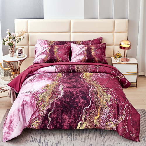 PERFEMET Bed in a Bag Burgundy Red Comforter Set Queen Size Retro Artwork Style Bedding Set for Adults Kids 100% Lightweight Cozy Microfiber Quilt Set (Burgundy Red, Queen)