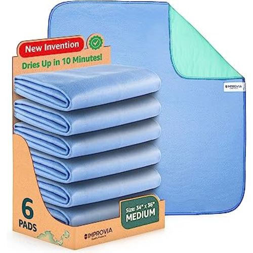 IMPROVIA® Washable Underpads, 34" x 36" (Pack of 6) - Heavy Absorbency Reusable Incontinence Pads for Kids, Adults, Elderly, and Pets - Waterproof Protective Pad for Bed, Couch, Sofa, Furniture, Floor