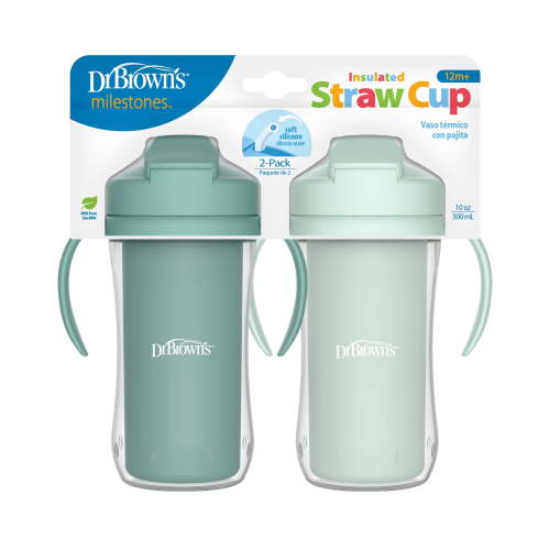 Dr. Brown's Milestones Insulated Sippy Cup with Straw and Handles, Green, 10oz, 12m+, 2-Pack