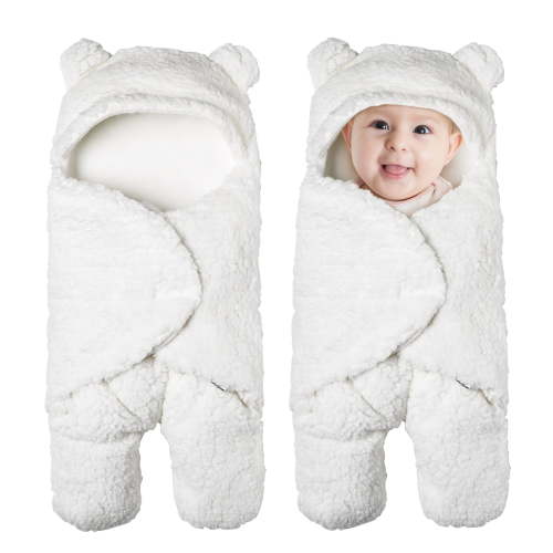 Gllquen Baby Plush Sherpa Fleece Velcro Swaddle, Cotton Newborn Receiving Blanket for Boys & Girls, White