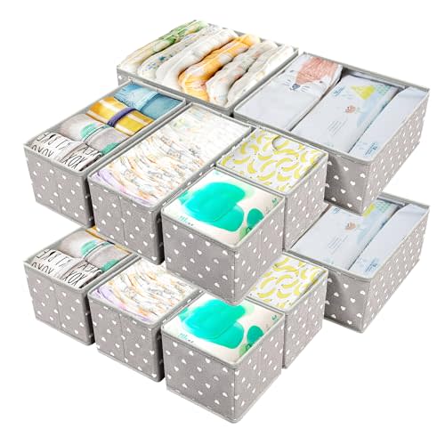 Mydou Tidy Fabric Drawer Organizer Bins for Nursery – 12 Pack Clothe Drawer Dividers for Baby Dresser, Grey Heart Pattern Storage Boxes for Clothes, Diapers & Accessories