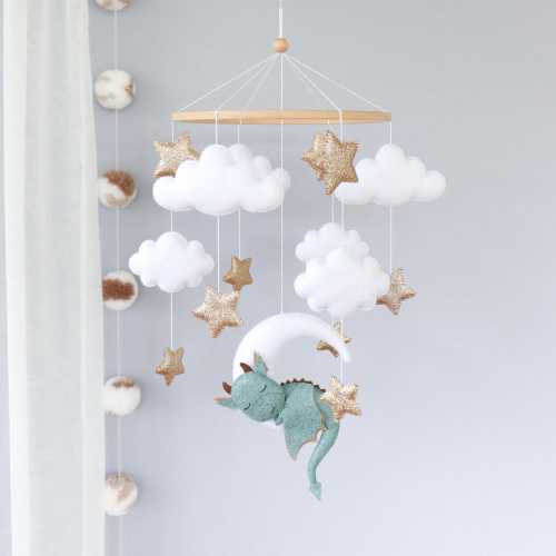 Dragon baby mobile for crib, Fantasy nursery decor, Neutral baby shower gift, Moon, clouds & stars felt mobile