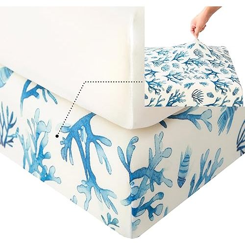 SDIII 2 Pack Ocean Crib Sheets 52" × 28" × 8", 100% High Elastic Microfiber Jersey Knit, Soft and Breathable, White and Coral Baby Sheets for Crib
