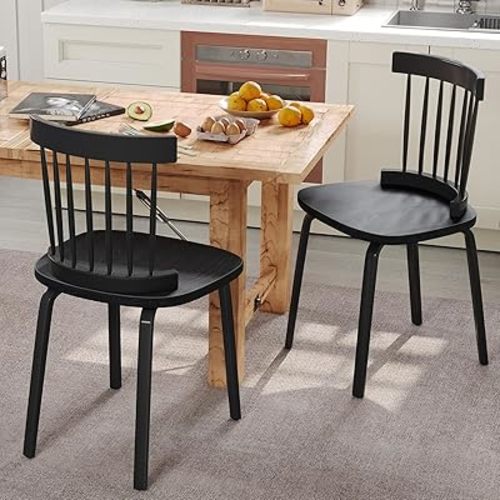 Unovivy Black Dining Chairs Set of 2, Wooden Windsor Chairs, Farmhouse Kitchen Chairs, Black Spindle Chair for Dining Room, Restaurant