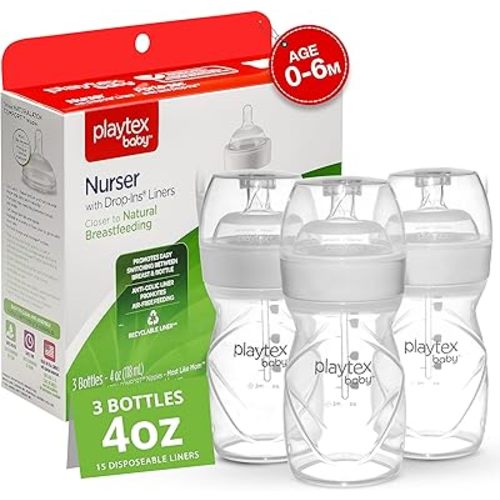 Playtex Baby Anti-Colic, Reduce Gas, Air Free Nurser Bottle with Pre-Sterilized Disposable Drop-Ins Liners, Closer to Breastfeeding, 4 Oz Bottles, 3 Count