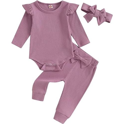 Newborn Baby Girl Clothes Fall Winter Ribbed Knit Outfit Long Sleeve Romper Bodysuit Bow Pants Headband Set - 0-3 Months - Purple