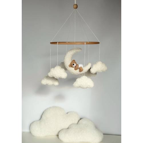 Mobile Teddy Bear boucle Clouds Boucle Neutral gender mobile Nursery decor boucle Pregnancy gift Clouds mobile Brown bear mobile