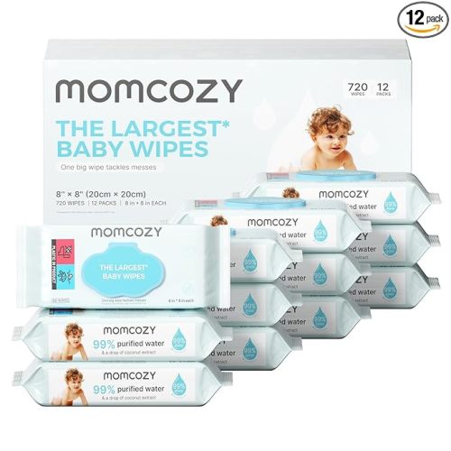 Momcozy Baby Wipes-Extra Large Size Design, 99% Water Based, Unscented & Hypoallergenic, Cleansing & Moisturizing Baby Wipes for Sensitive Skin, 12 Flip-Top Packs (720 Wipes Total)